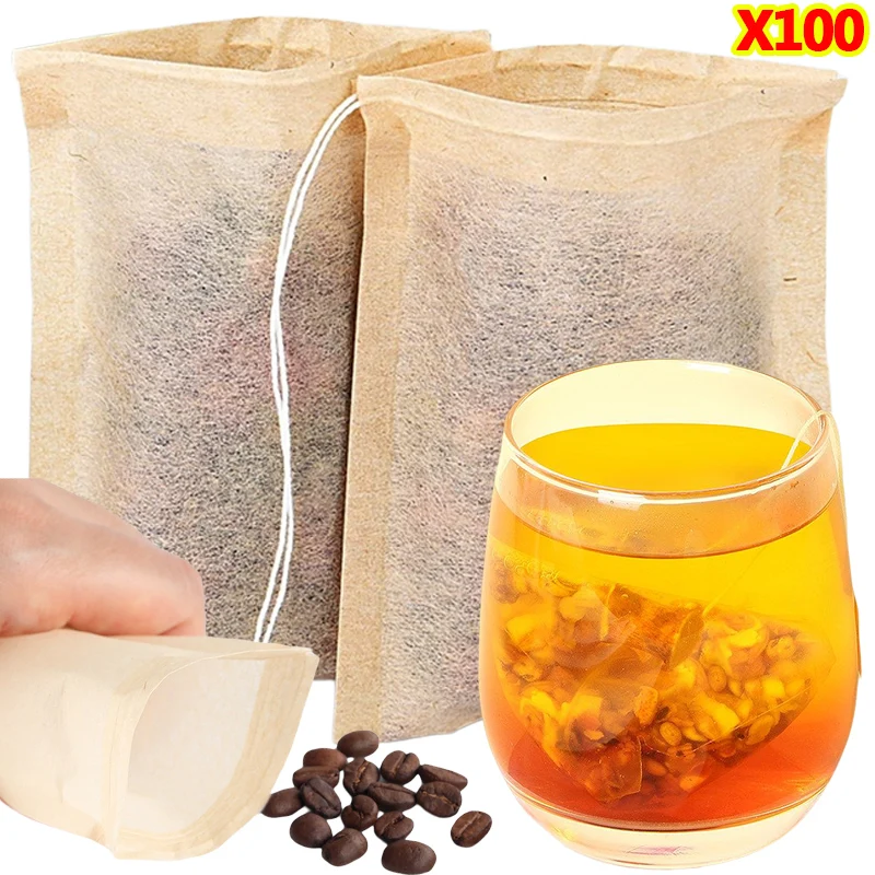 Herbal Tea - 100 ชิ้น Teabags พร้อมสายรัดกรองถุงชาเปล่าสําหรับกาแฟ Bean Leaf